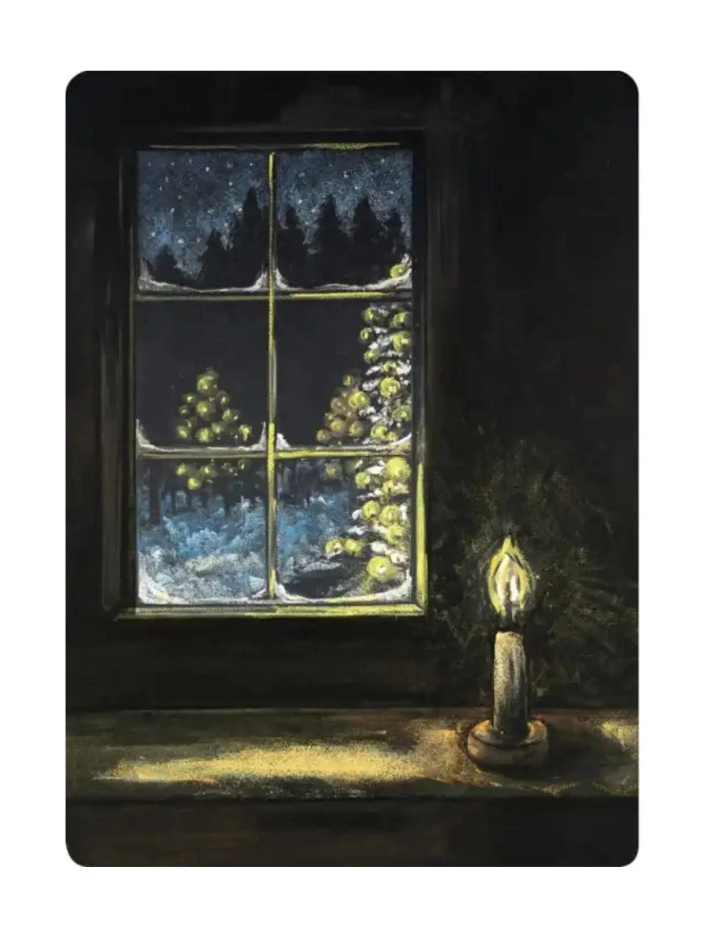 Winter themed Waldorf postcard of a candle by a window with a night view