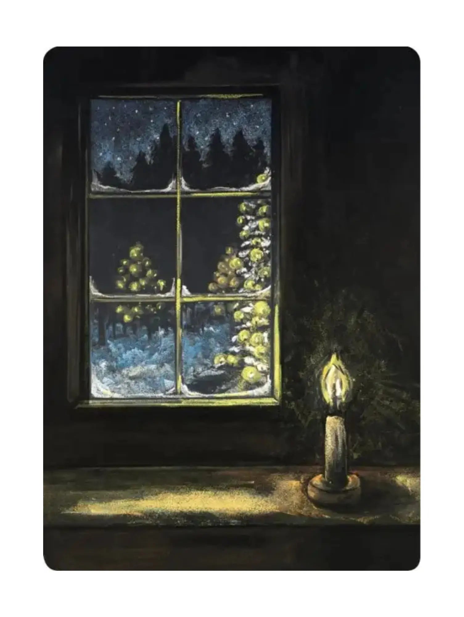 Winter themed Waldorf postcard of a candle by a window with a night view