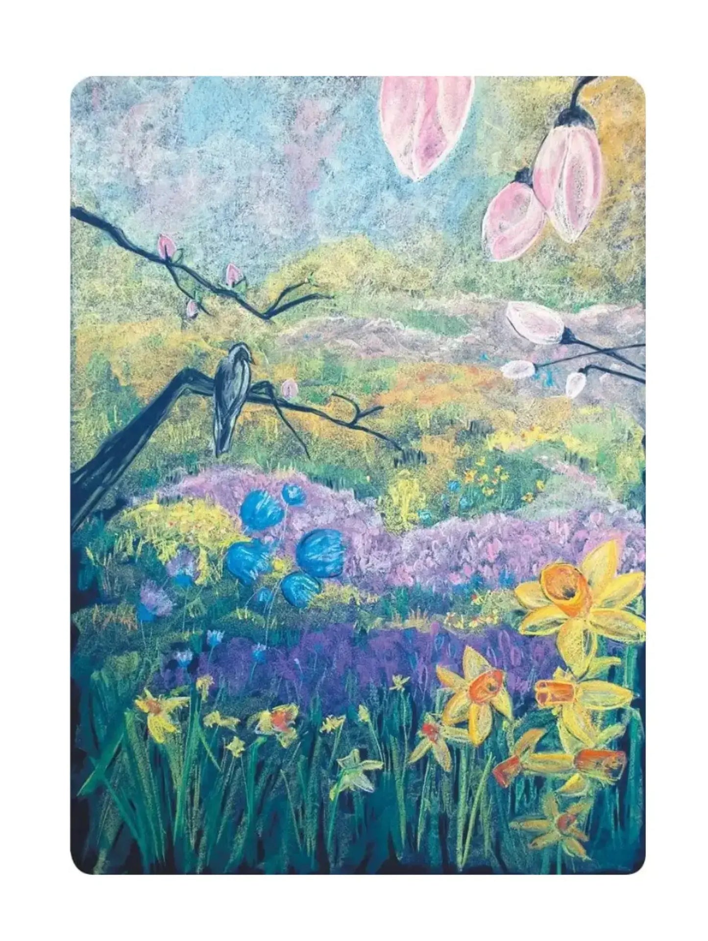 Colorful painting of a garden scene with flowers and birds.