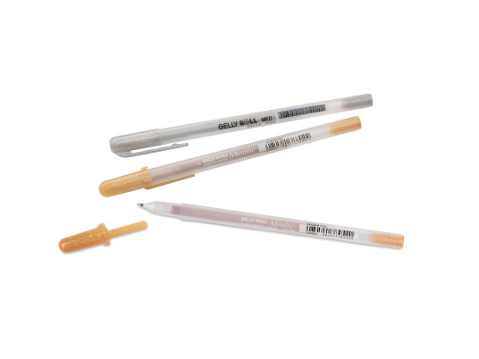Gelly Roll metallic gel pens in gold, silver, and copper for writing, journaling, and dark paper art