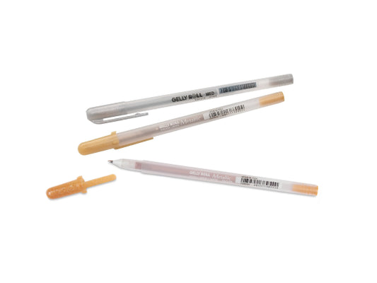 Gelly Roll metallic gel pens in gold, silver, and copper for writing, journaling, and dark paper art