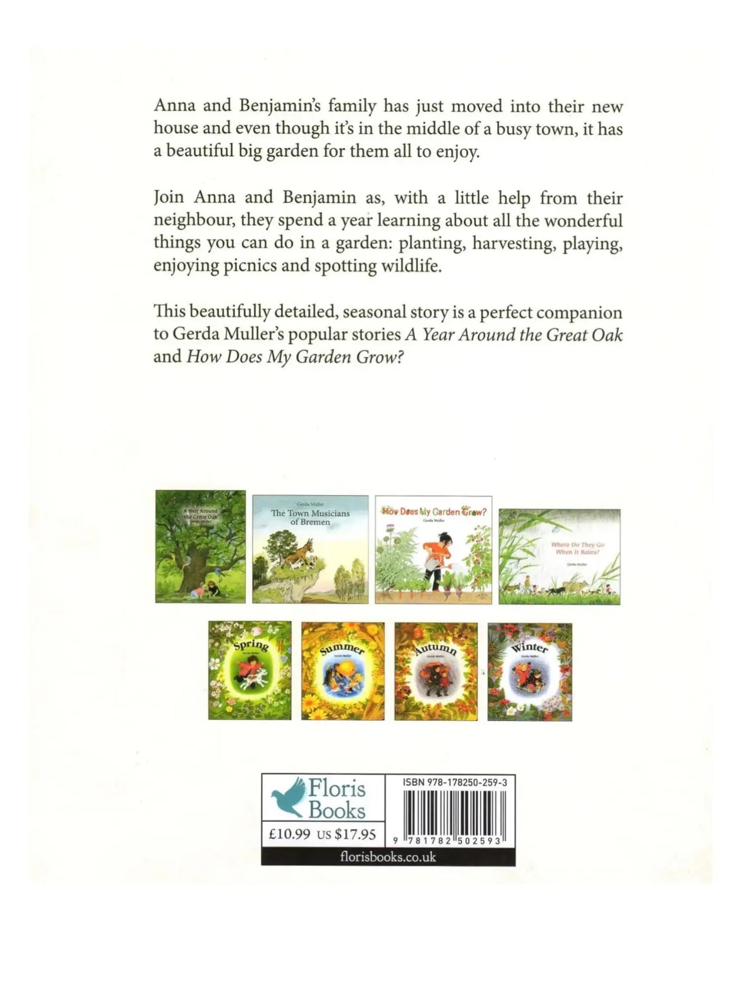Bookback with text and images of garden scenes, featuring Floris Books branding.