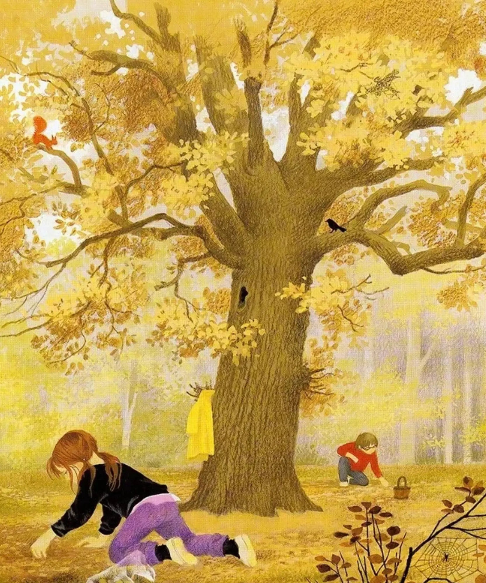 Children playing around a large tree with autumn leaves in a forest setting.