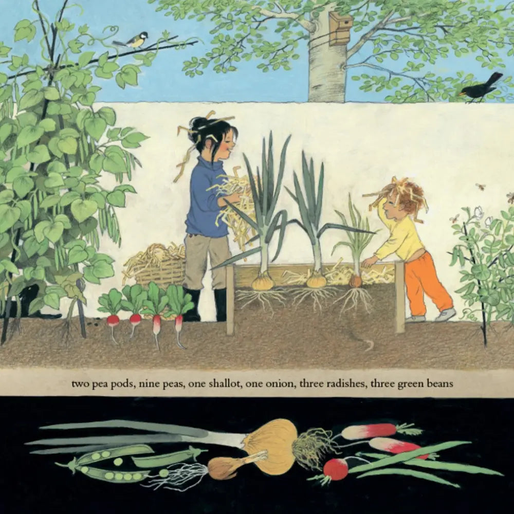 Illustration of a woman and child gardening with harvested vegetables.