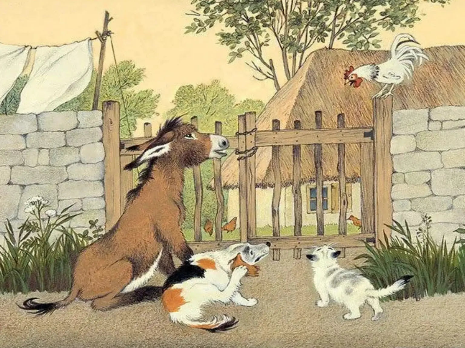 Illustration of a donkey, two dogs, and a rooster in a rustic outdoor setting.