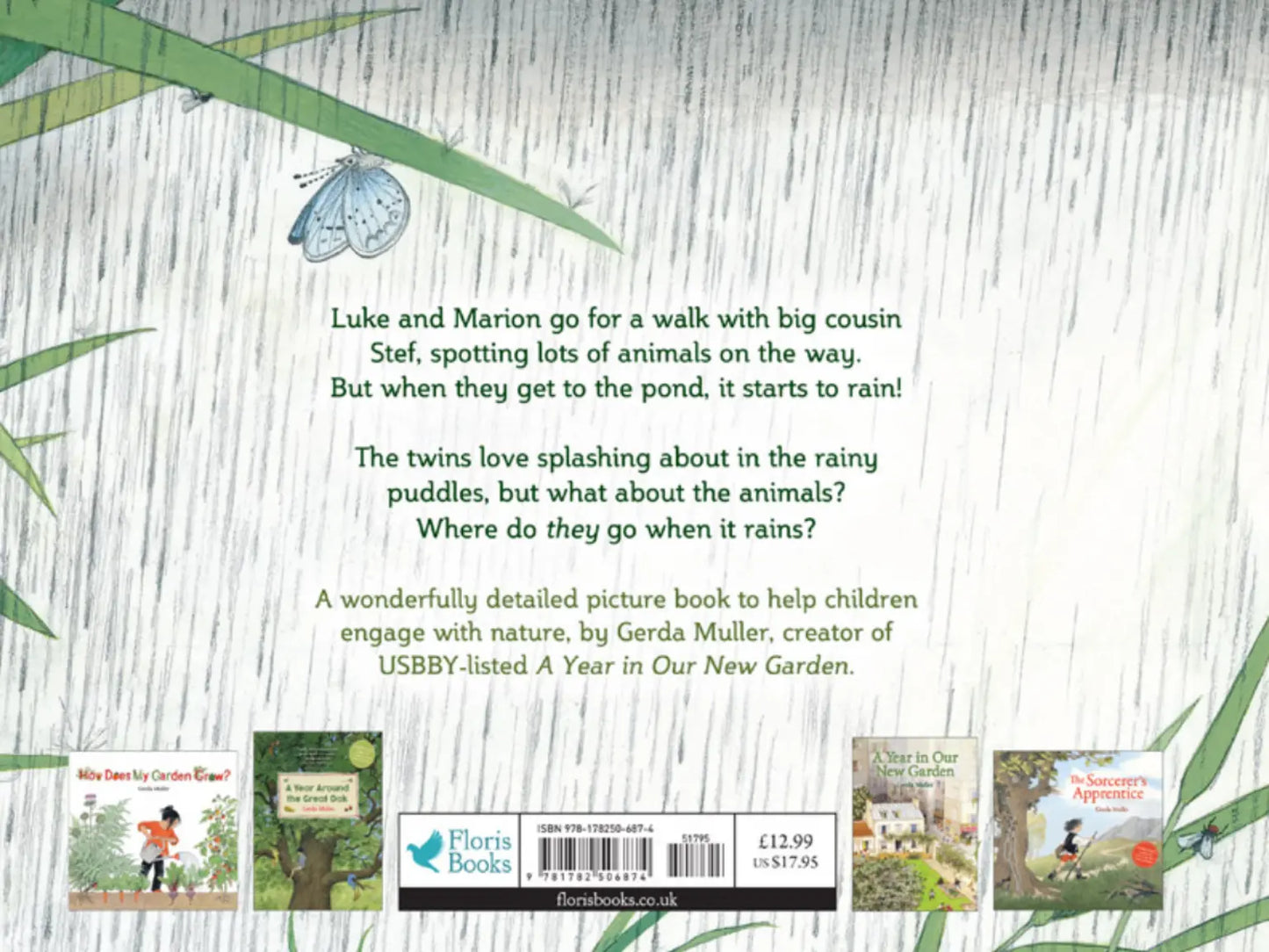 Bookback with text and illustrations of children's books on a nature-themed background