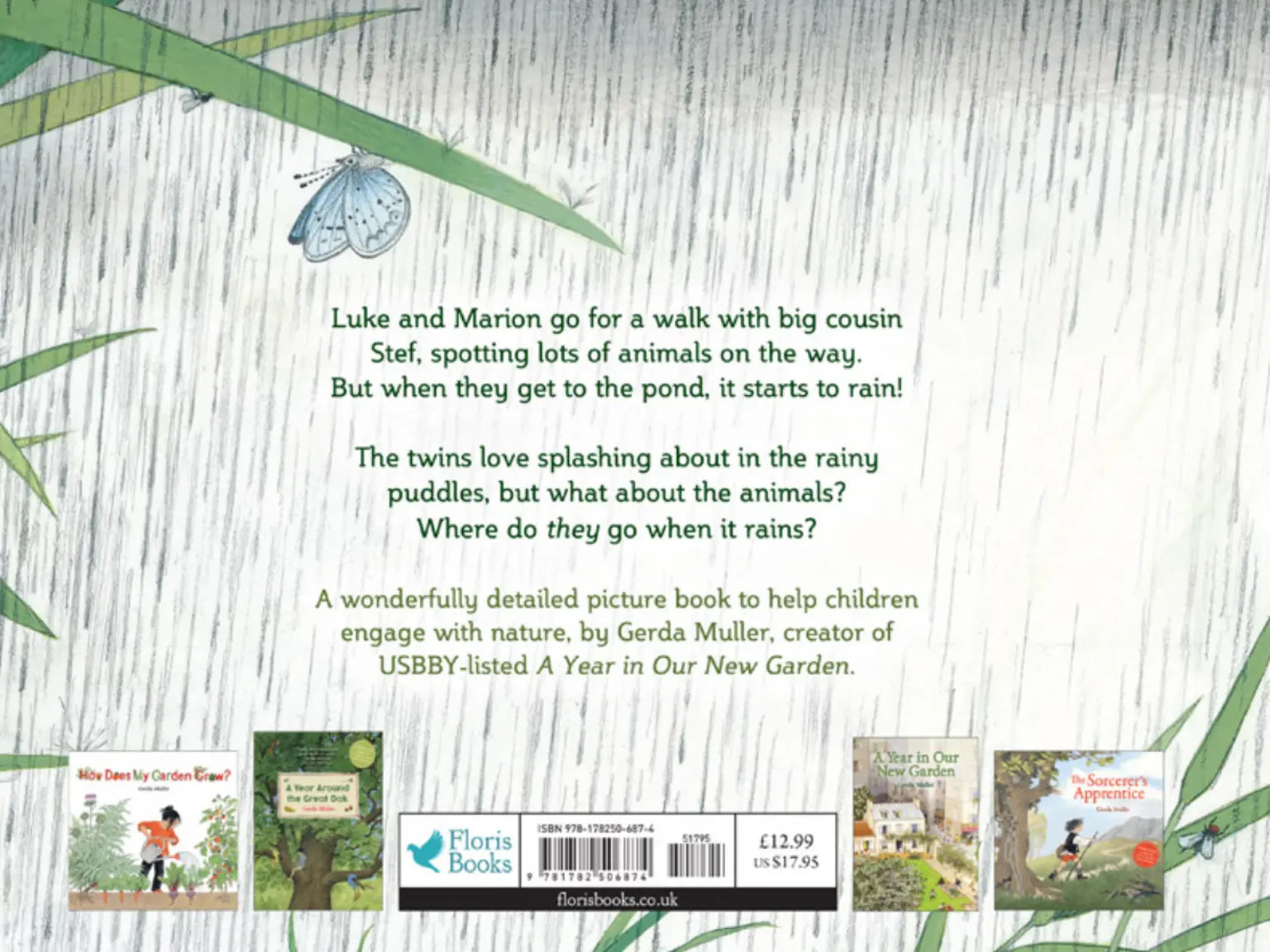Bookback with text and illustrations of children's books on a nature-themed background