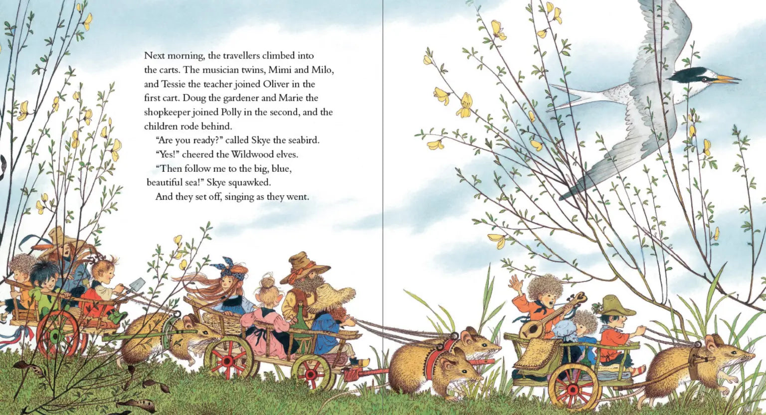 Illustrated book page with animals in carriages and a bird flying above, set against a blue sky.