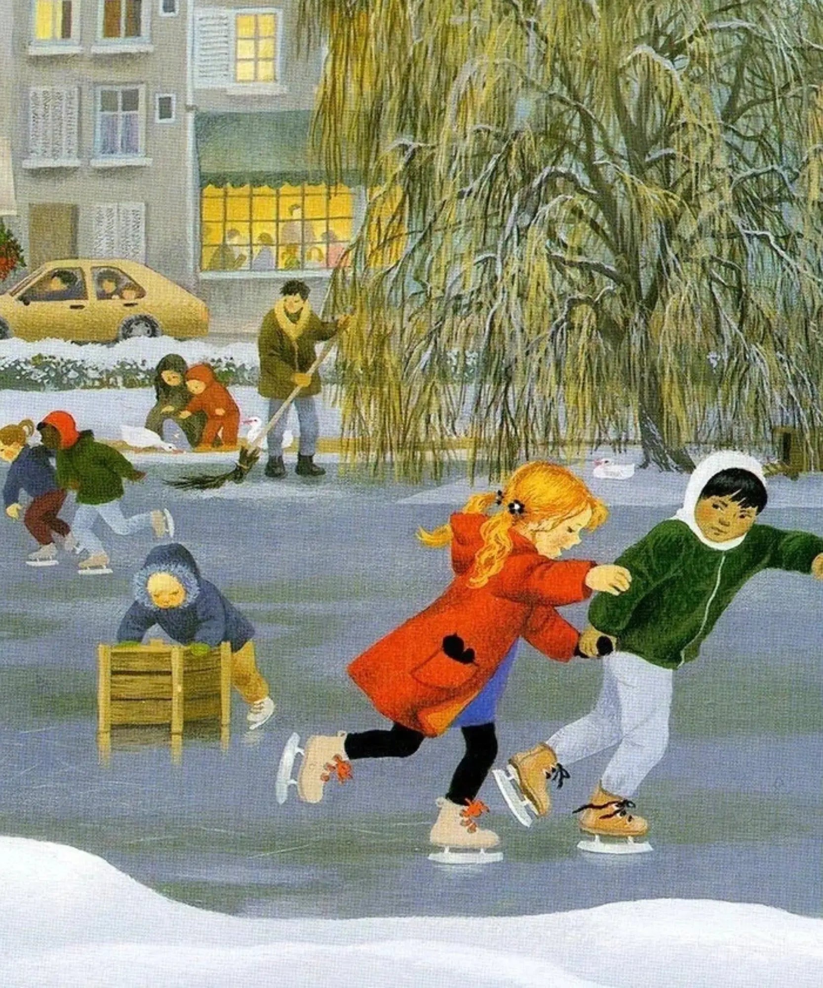 Children ice skating on a frozen pond with a snowy street and buildings in the background.