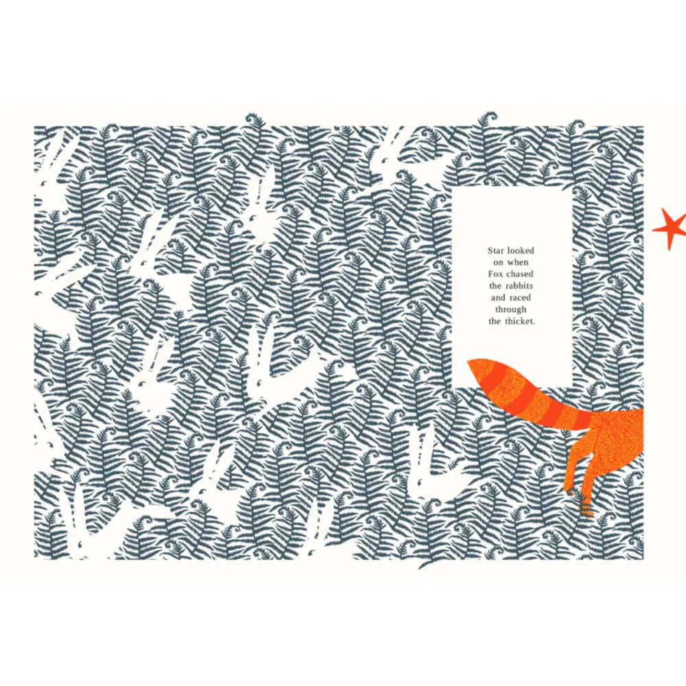 Illustration of a fox among ferns with text on a patterned background