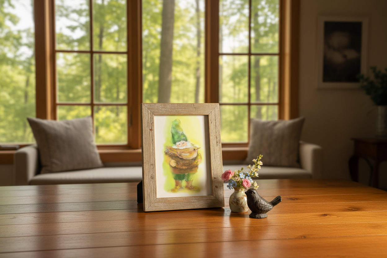 Illustration of a gnome holding a bird in a rustic frame on a desk top with a bird figurine and flowers