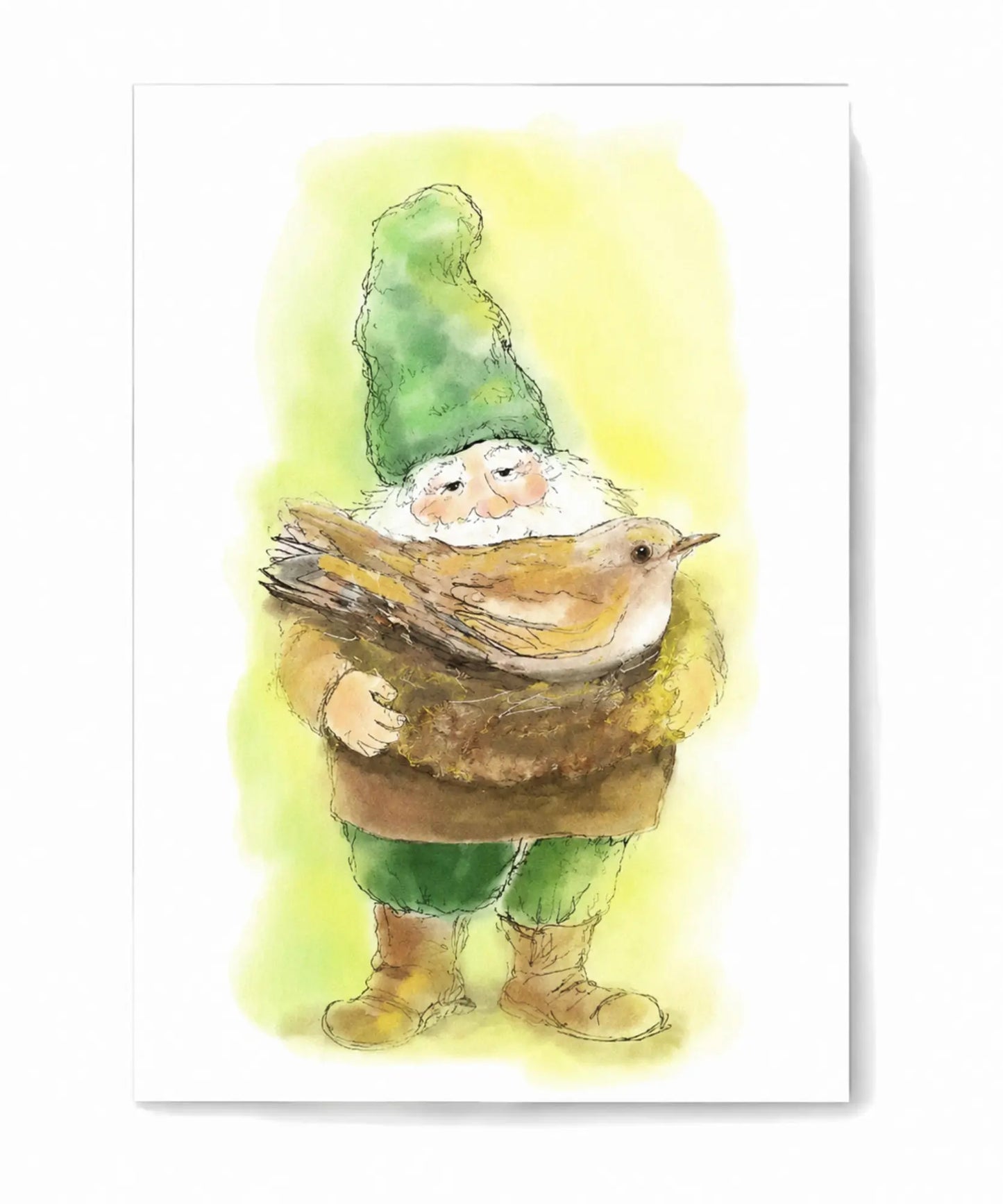 Gilly Gnome of Limindoor Woods holding a bird in a soft watercolor illustration