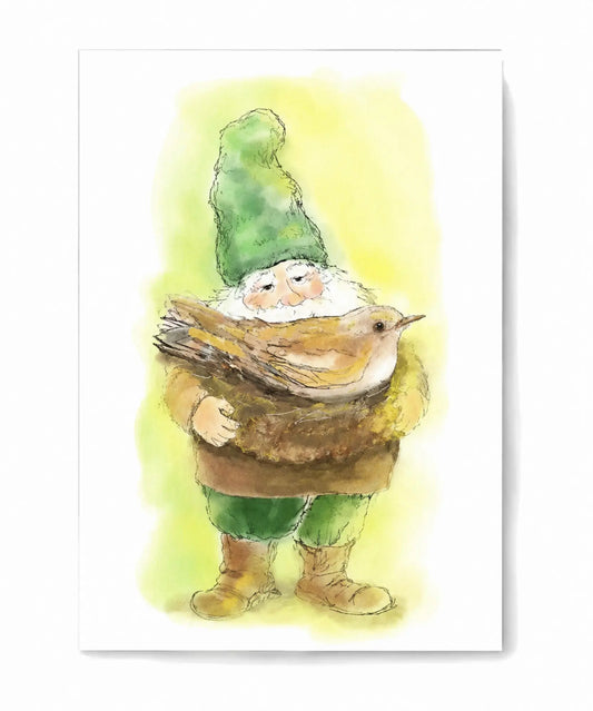 Gilly Gnome of Limindoor Woods holding a bird in a soft watercolor illustration