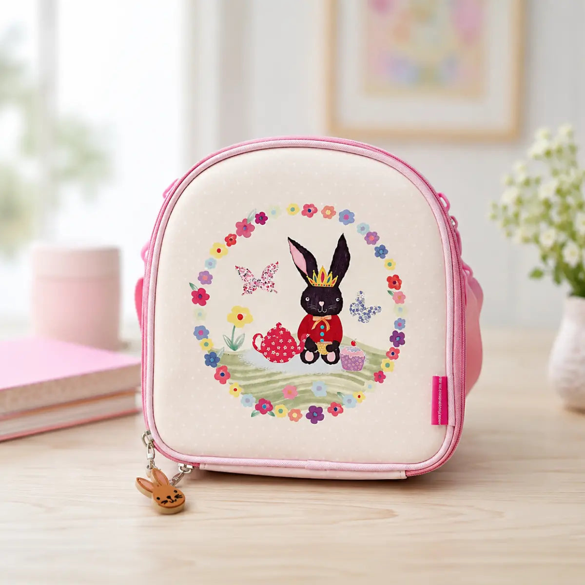 Girls bunny lunch bag displayed on a light wood table in a bright room