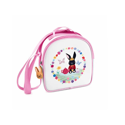 Girls insulated lunch bag with pink trim and a crowned bunny tea party illustration