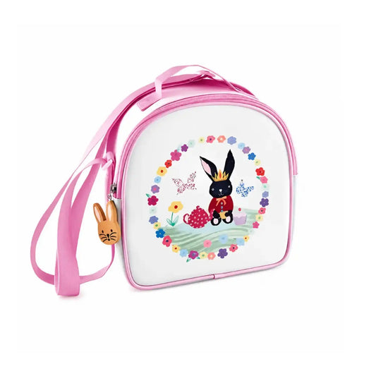 Girls insulated lunch bag with pink trim and a crowned bunny tea party 