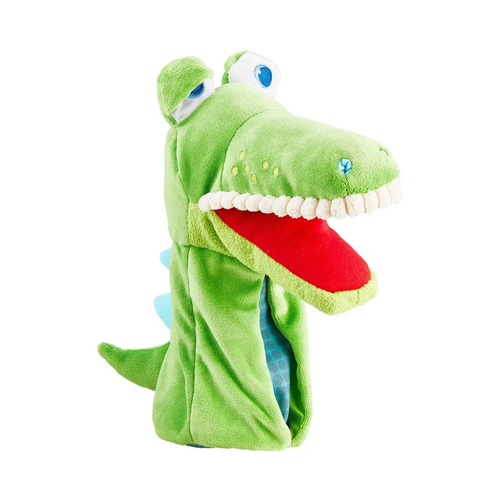 Green preschool hand puppet of a crocodile with a red mouth on a white background