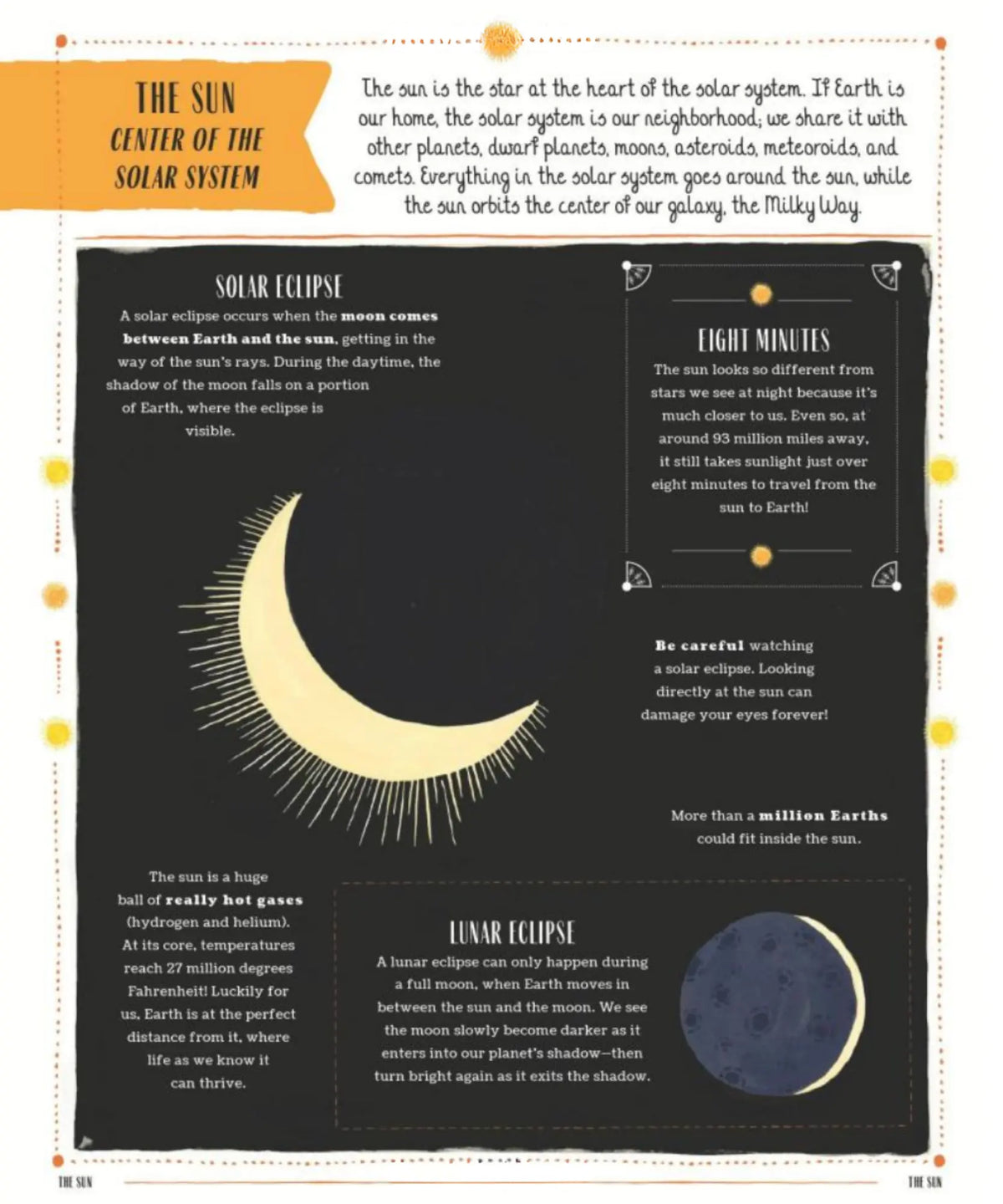 Glow page about the Sun at the center of the solar system, explaining solar and lunar eclipses.