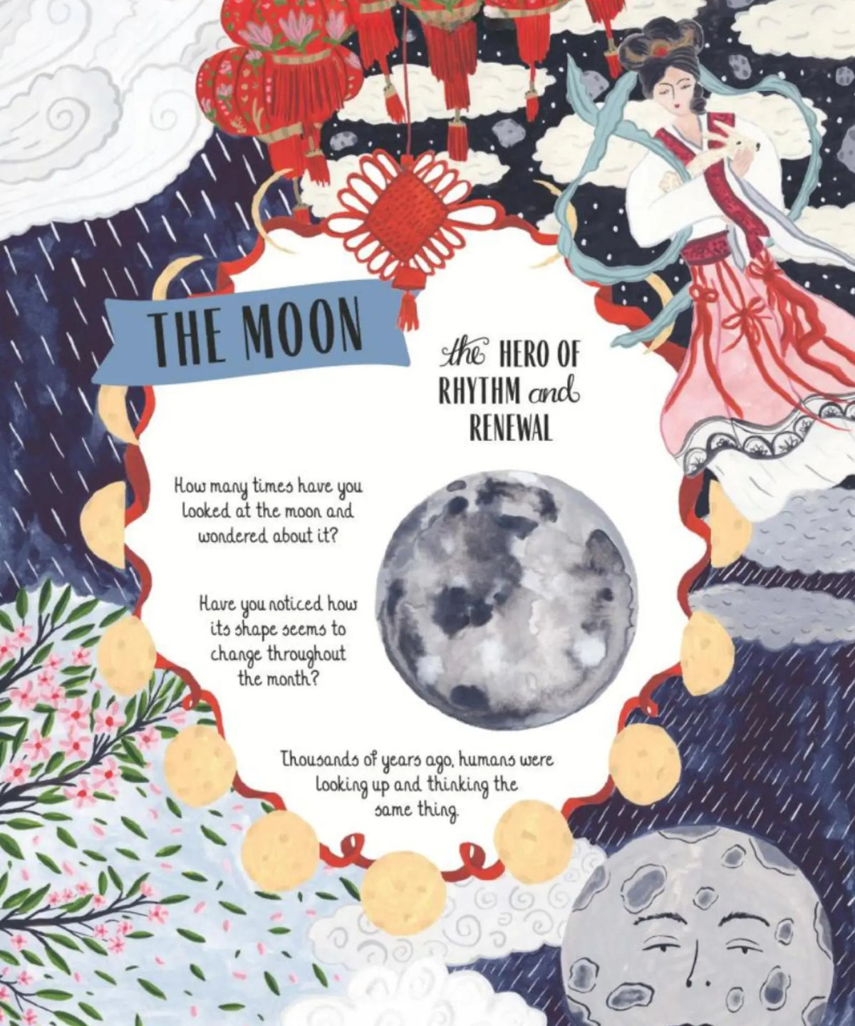 Illustrated Moon page from Glow, showing the Moon surrounded by lanterns, clouds, and a figure from Moon folklore.