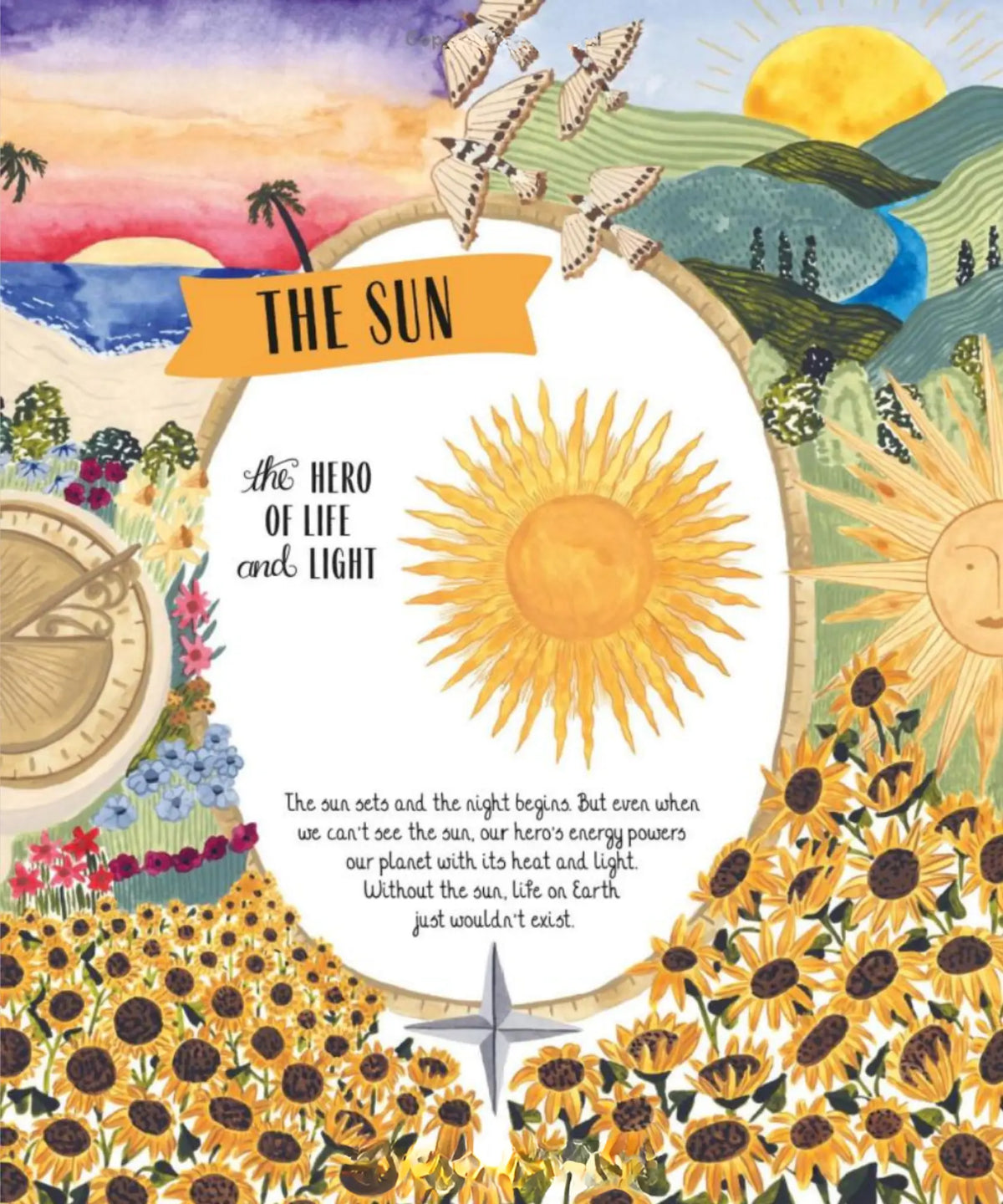 Illustrated Sun page from Glow, showing a golden sun framed by sunflowers, rolling hills, and a sunset over the sea.