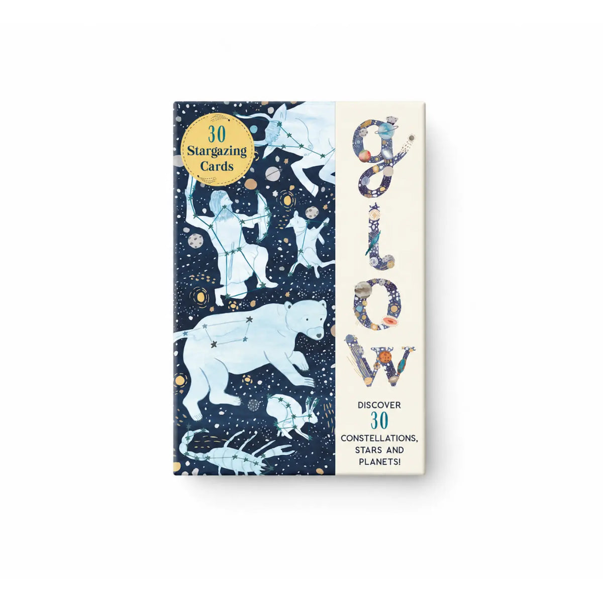 Glow 30 Stargazing Cards box with constellation artwork of a bear, archer, and scorpion on a starry navy sky.