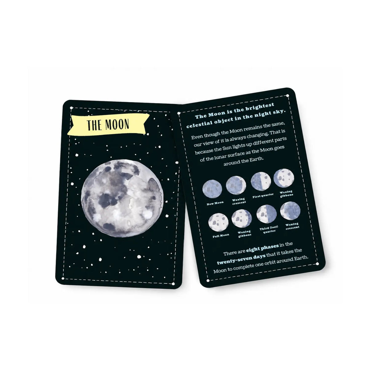 The Moon card from the Glow stargazing deck, with the back showing the eight phases of the Moon.