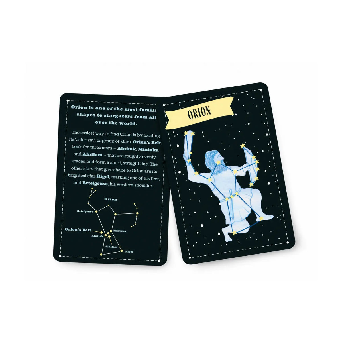 Orion constellation card from the Glow stargazing deck, with a star chart and tips for finding Orion's Belt on the back.