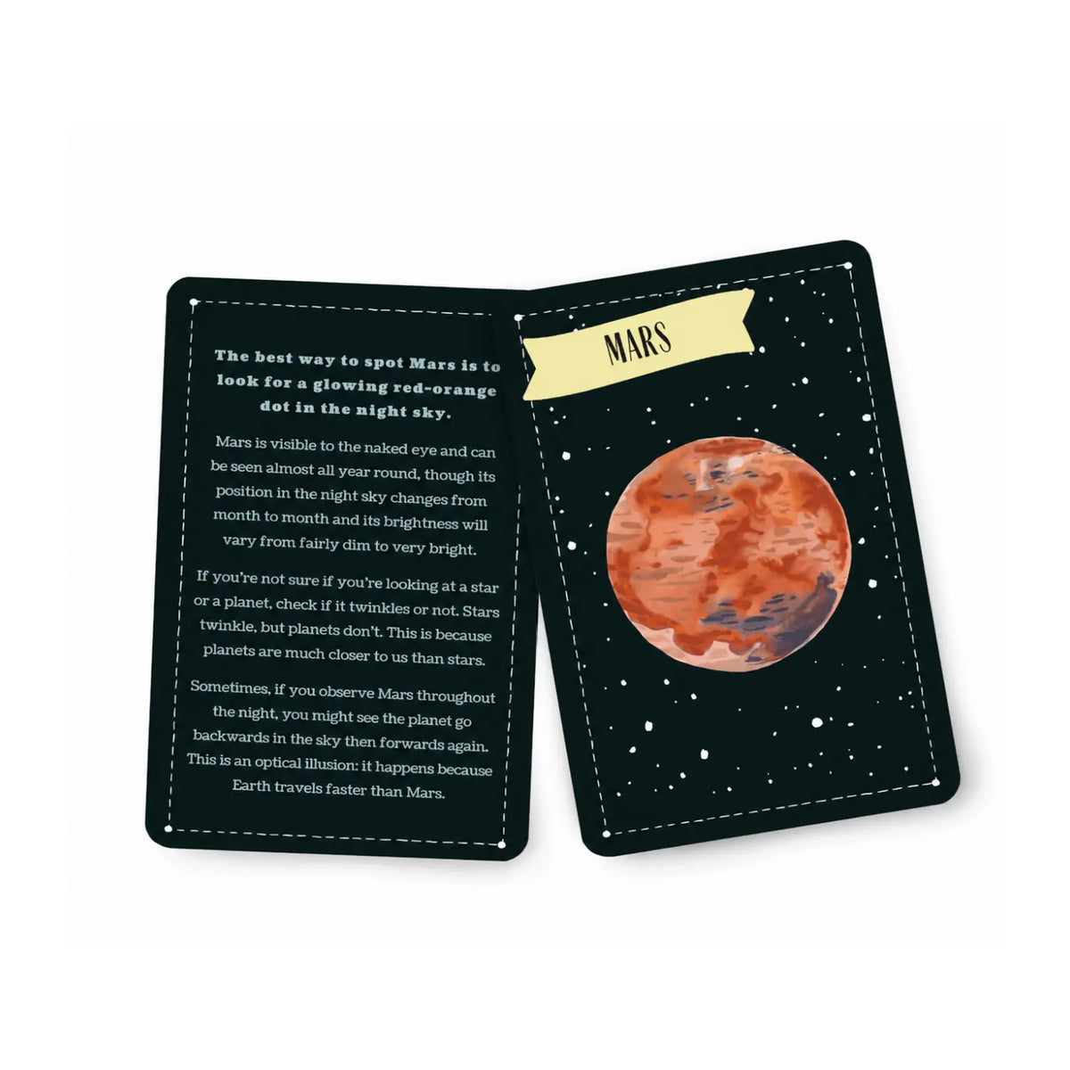 Mars planet card from the Glow stargazing deck with the red-orange planet and tips for spotting Mars with the naked eye.
