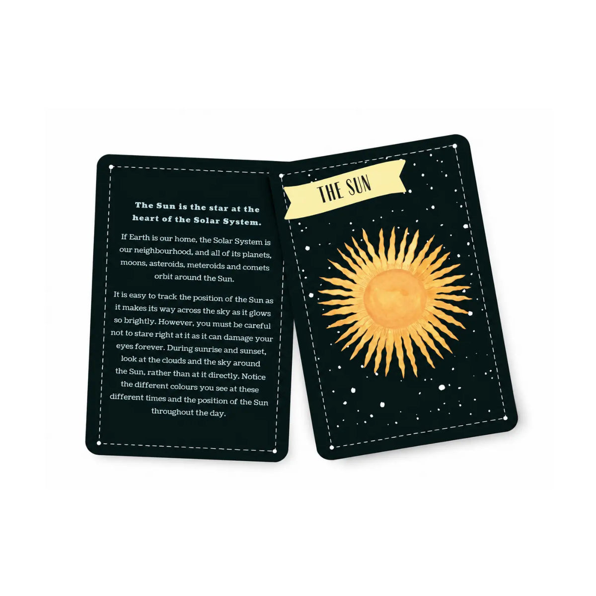 The Sun card from the Glow stargazing deck, with facts about the Sun and safe ways to observe it.