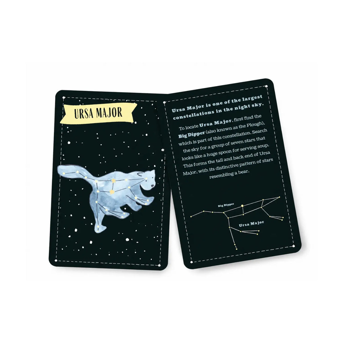 Ursa Major constellation card from the Glow stargazing deck, with a Big Dipper star chart on the back.