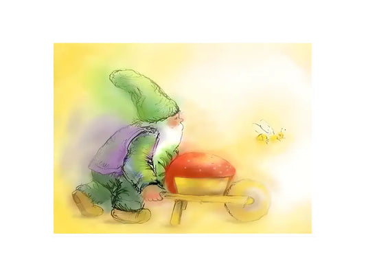 gnome in green and purple pushing a wheelbarrow with a strawberry as a bee leads the way