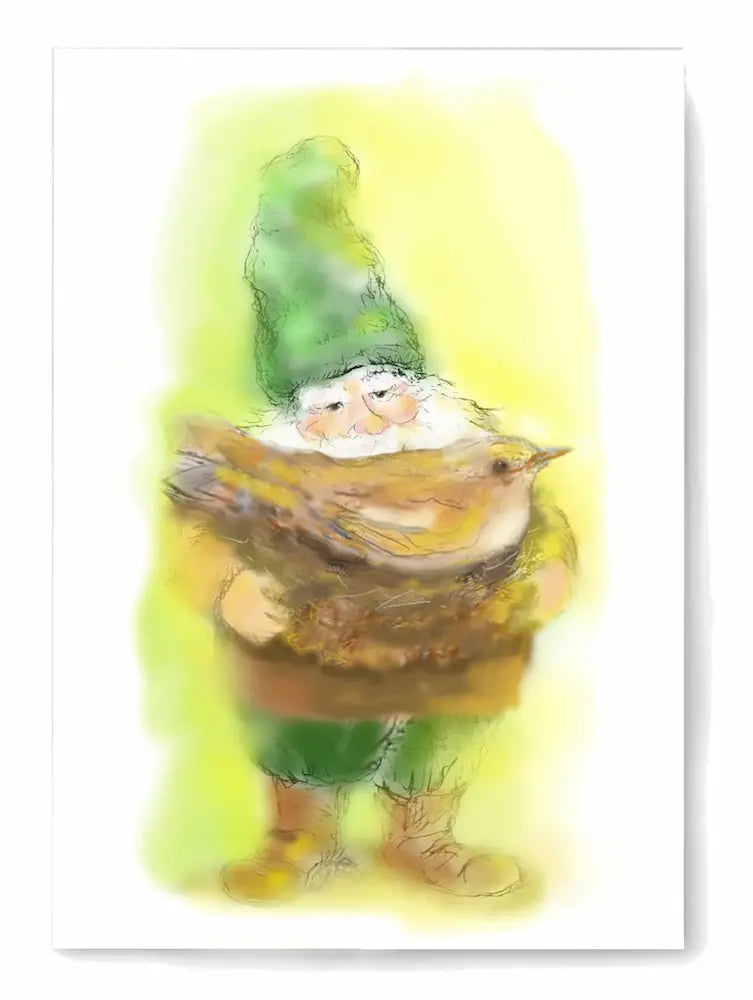 Illustration of a gnome holding a bird with a yellow background