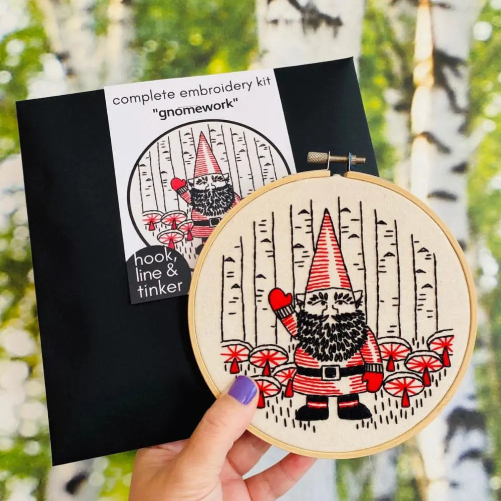 Close-up of gnome embroidery with red mushrooms and black beard details