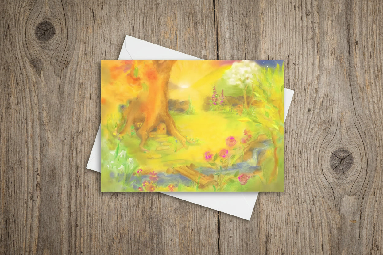 Colorful painting of a forest scene with trees and flowers on wooden background