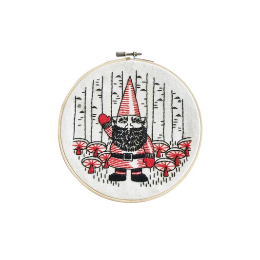 Finished gnome mushroom embroidery hoop art with red mushrooms and birch trees