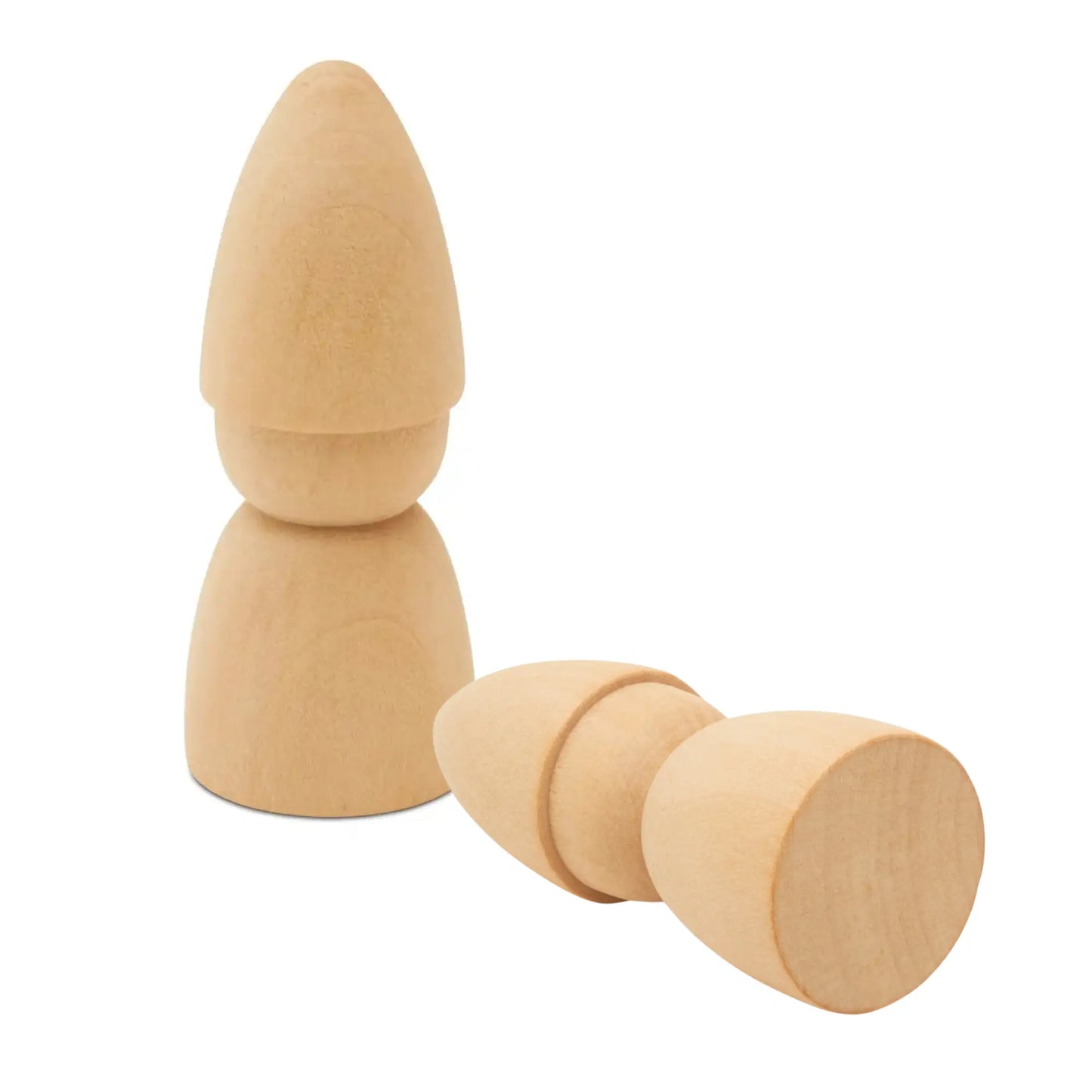 Three wooden peg dolls on a white background