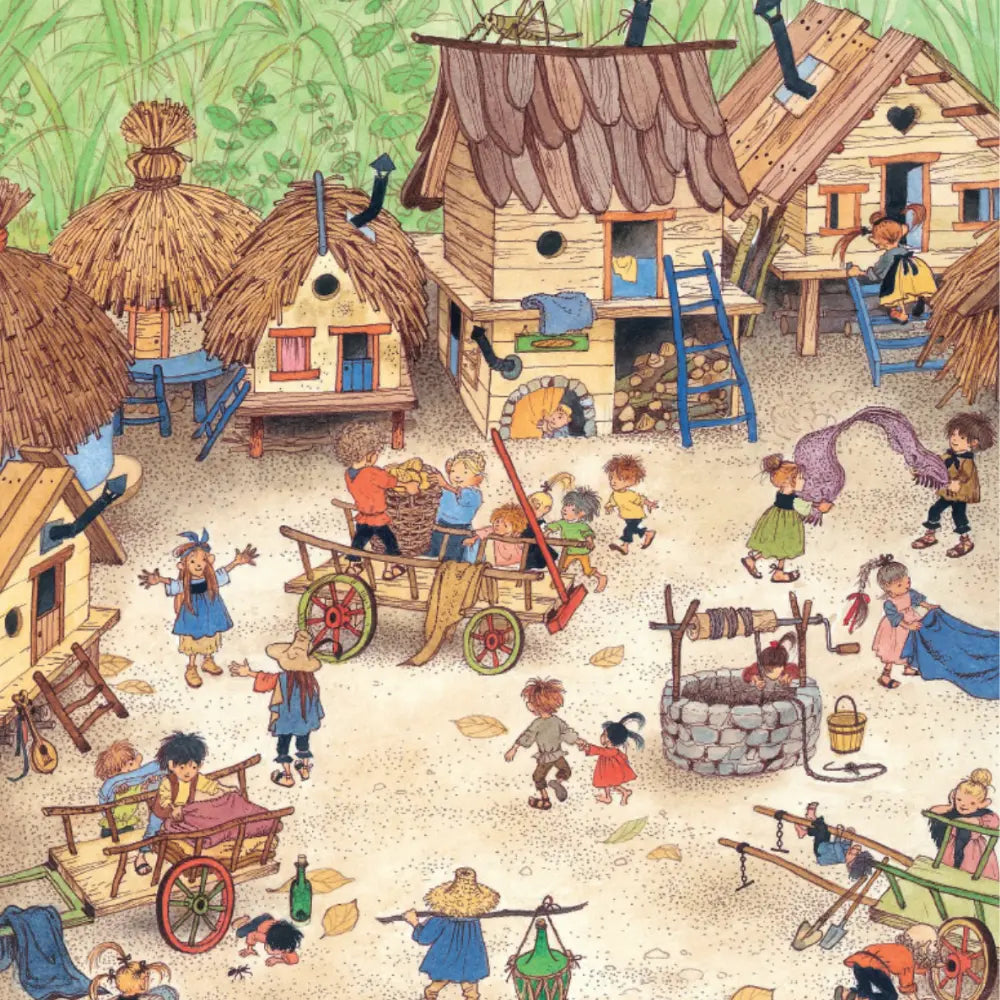 Illustration of a village scene with people and buildings