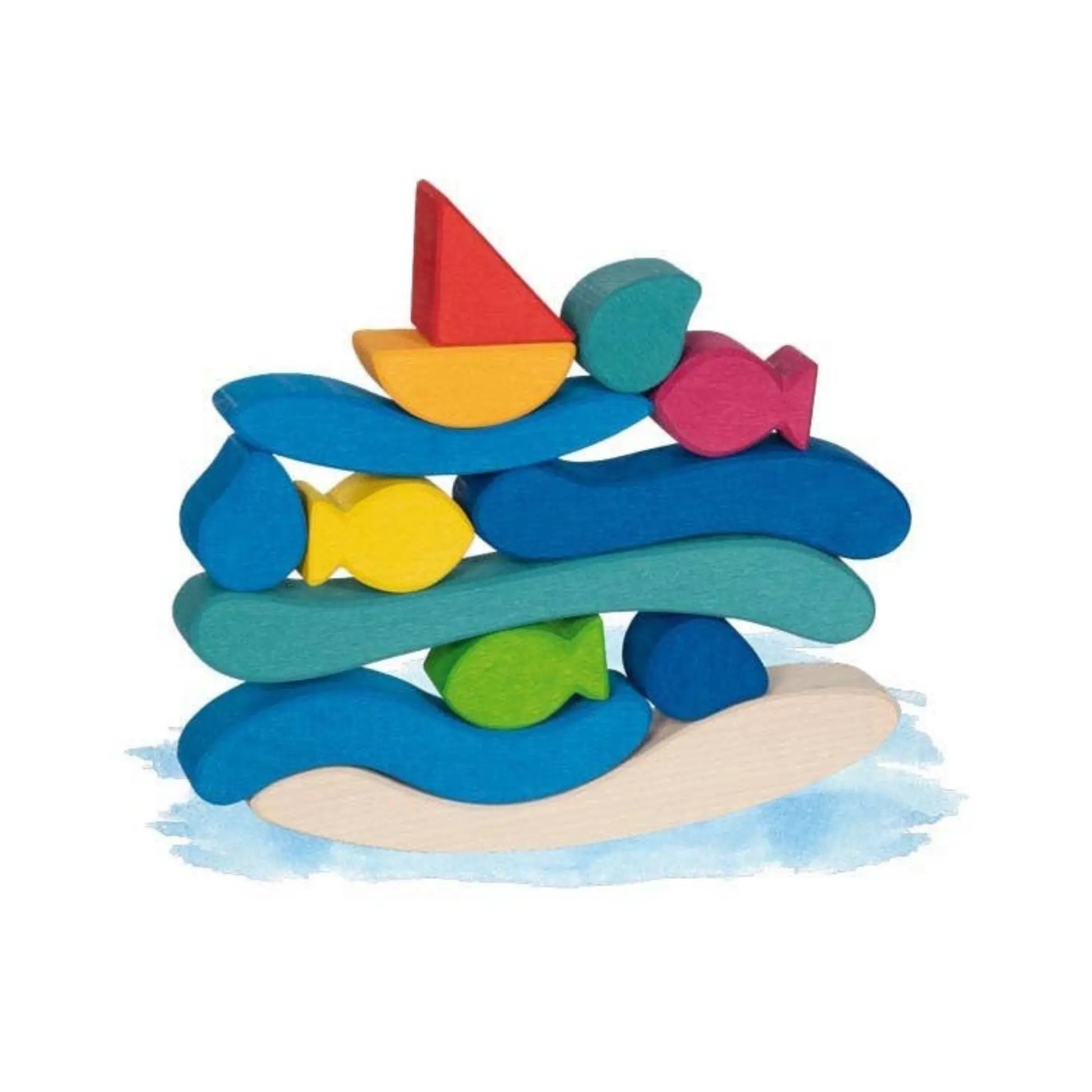 Colorful wooden Goki toy stack with various shapes on a white background