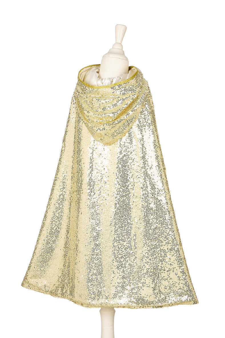 Back view of gold tulle cape showing layered fabric and full drape
