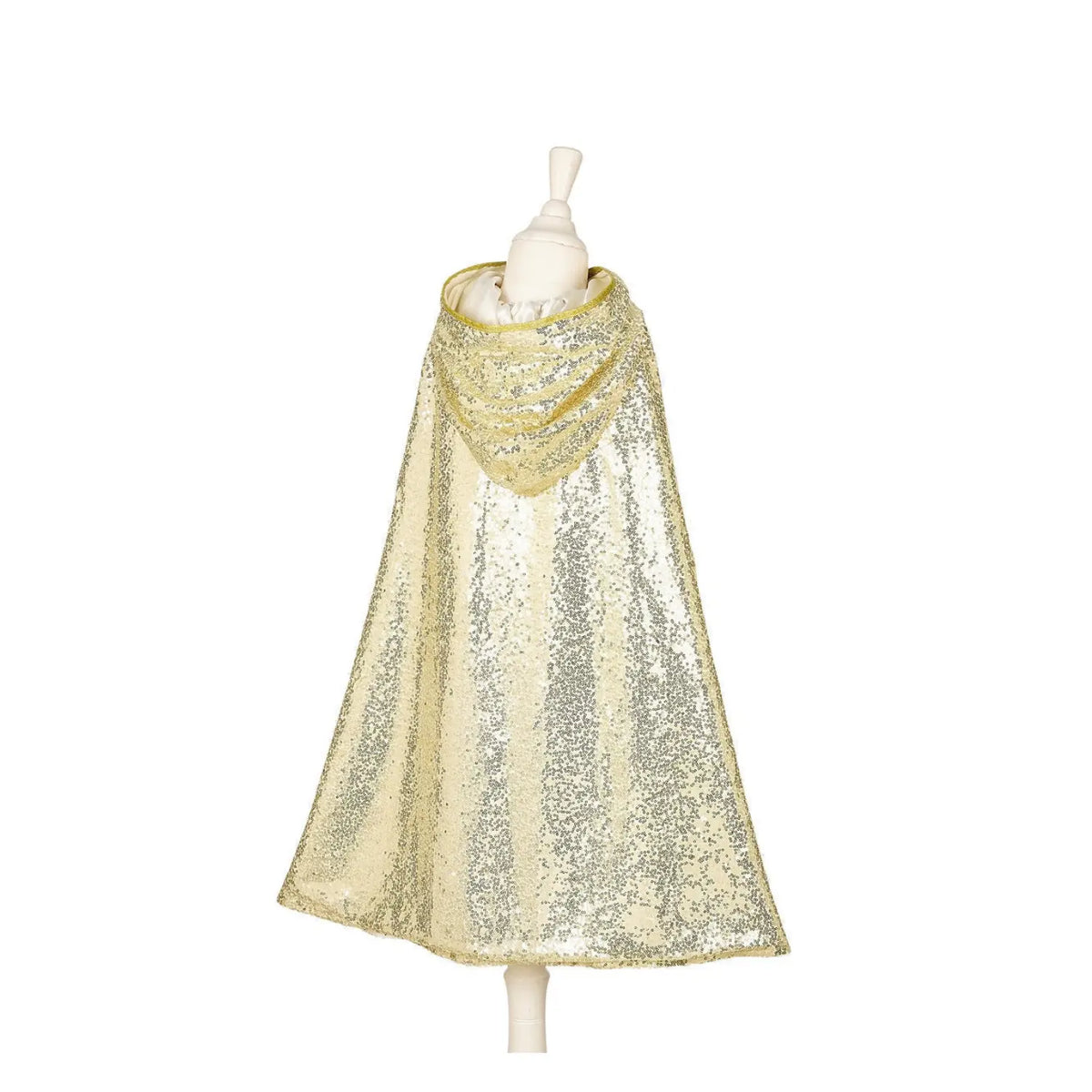 A gold sequined kids cape for imaginary play showing back view and hood