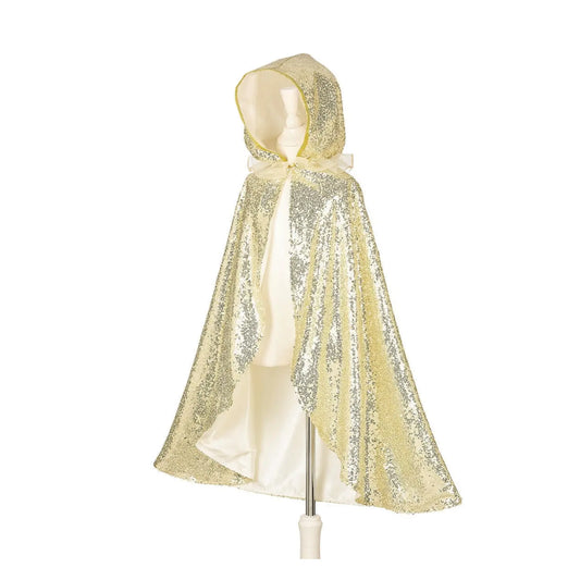 A kids gold sequined hooded cape with a cream satin lining and bow for imaginary play and dress up costume
