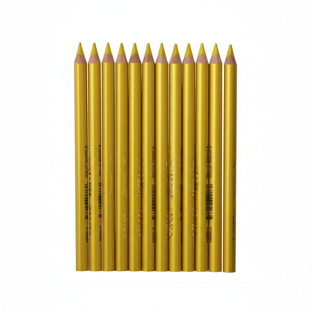 Row of gold colored pencils on a white background