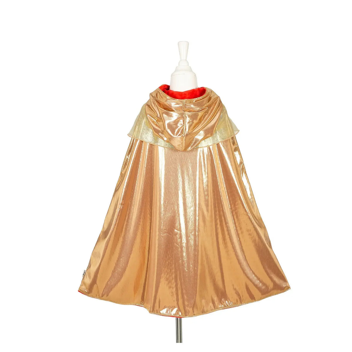 Backside of a hooded metallic gold cape for kids with a red lining