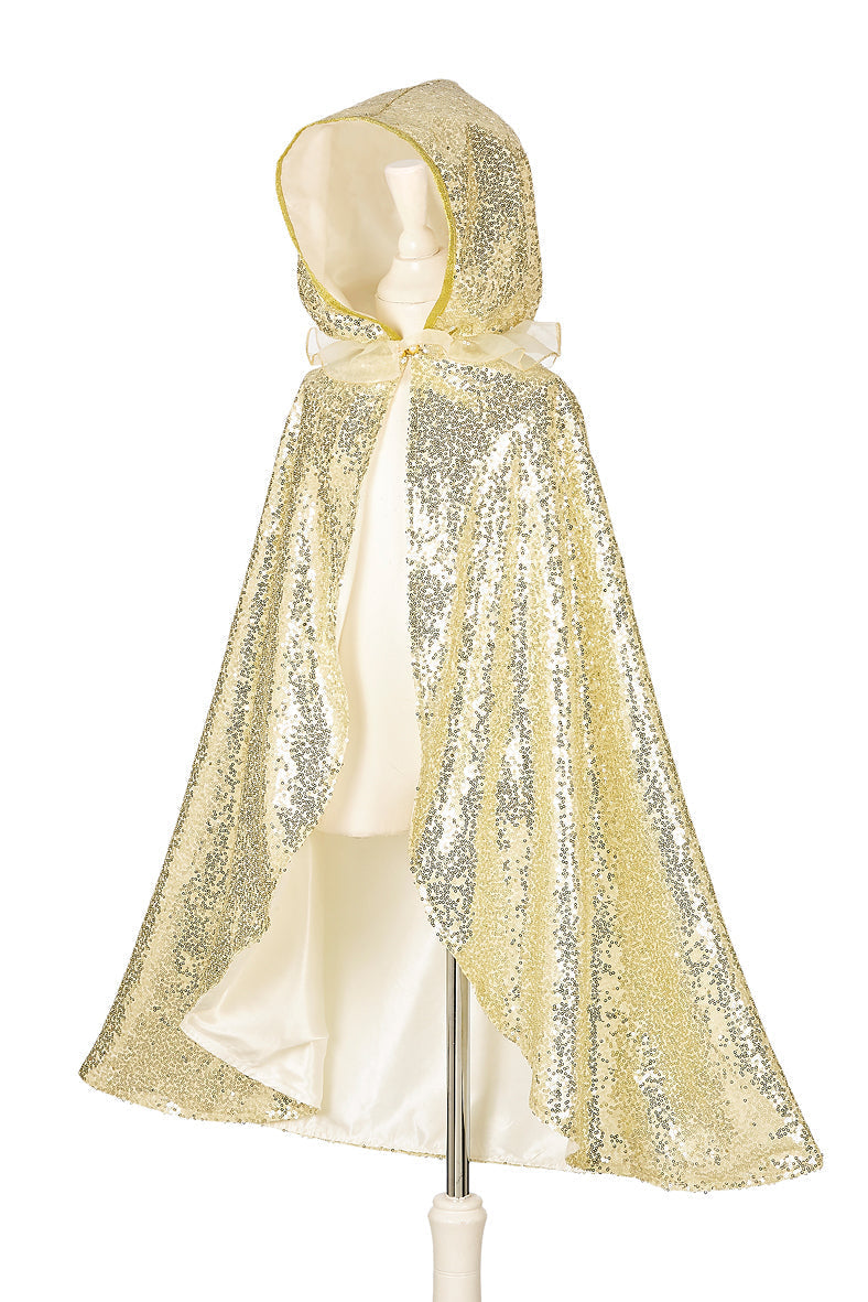 Gold tulle hooded cape for kids with soft layers for dress-up play