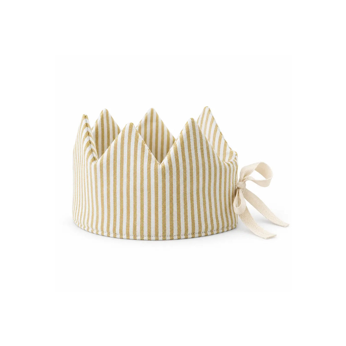 Golden mustard striped linen dress-up crown for children on a white background