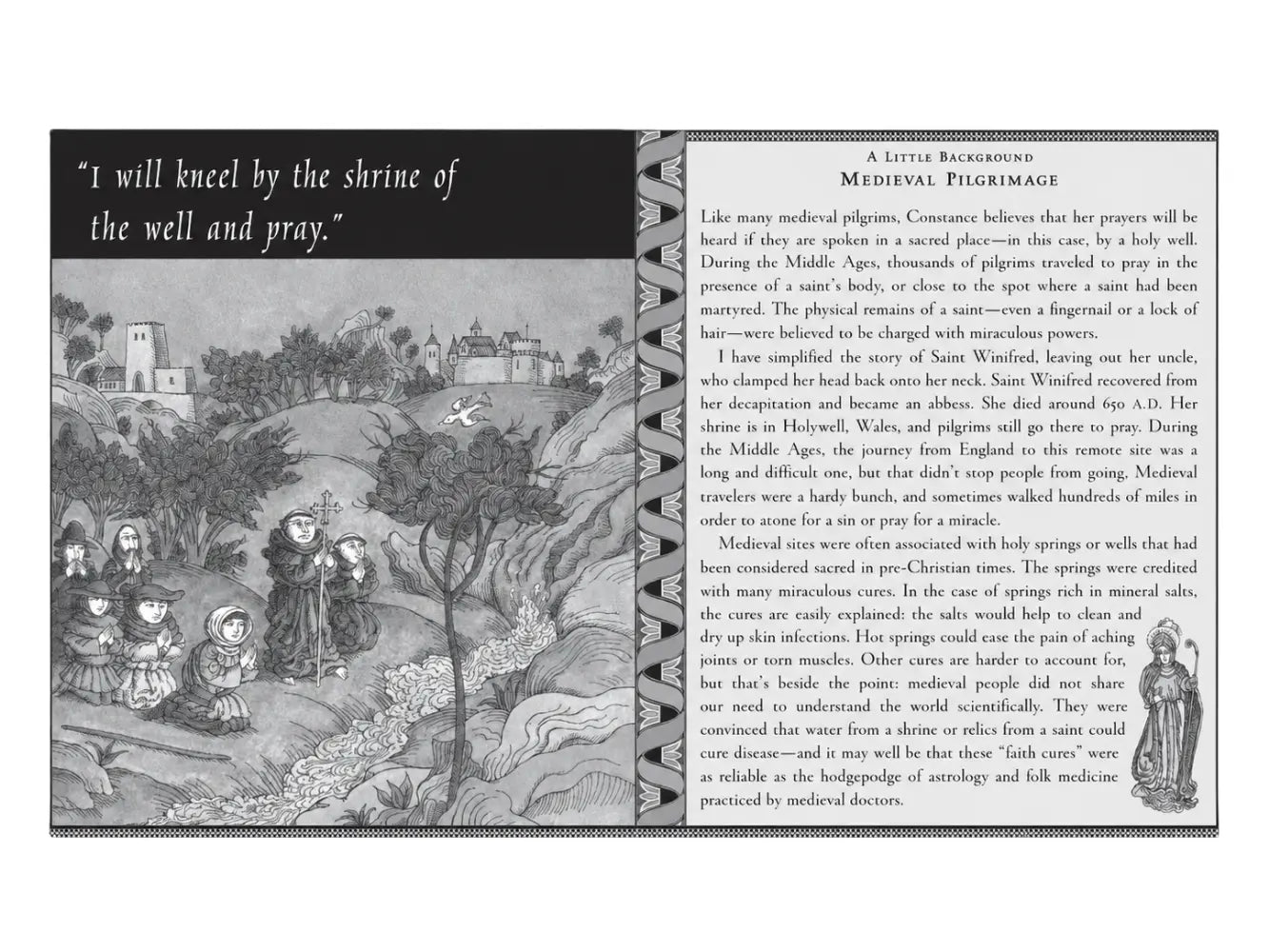 Illustrated text on a medieval pilgrimage theme with landscape and figures.