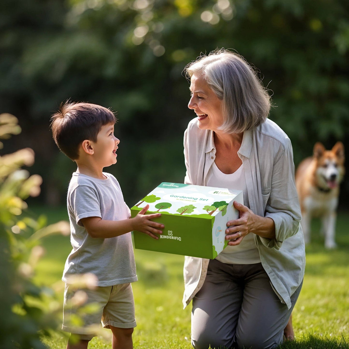 grandparent giving gardening set to child outdoors