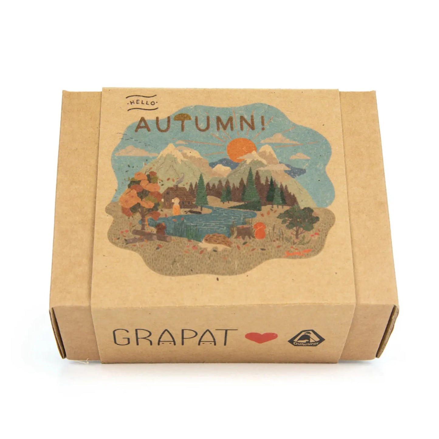 Kraft paper box with autumn-themed design and 'GRAPAT' branding.