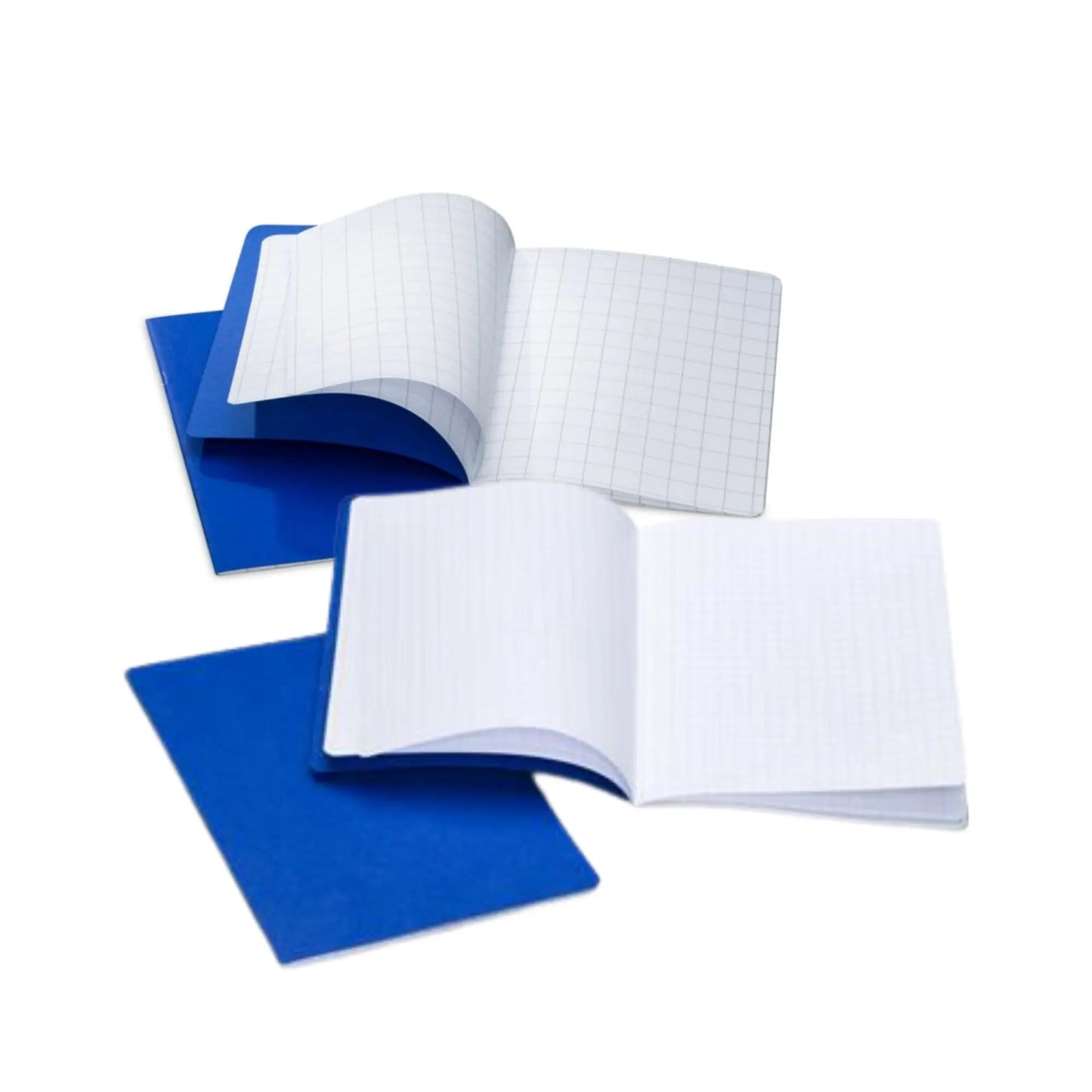 Open graph paper notebooks with blue covers and grid paper on a white background