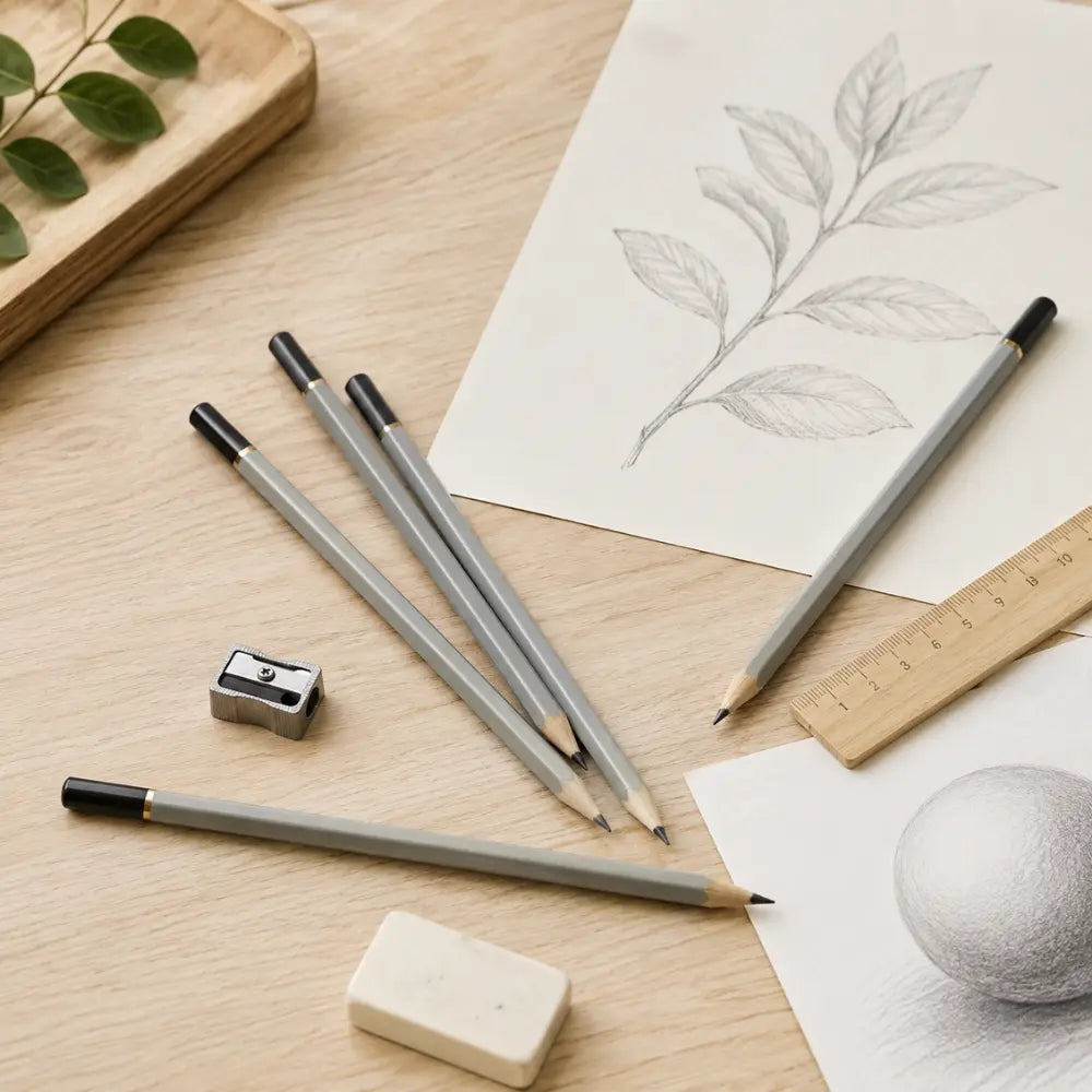 Graphite pencils arranged with sketch paper, ruler, sharpener, and drawing work for writing, drafting, and shading